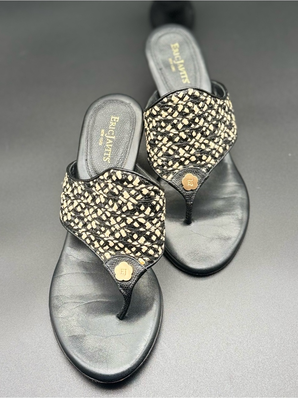 Eric Javits Black & Cream Woven Thong Sandals with Gold Accent